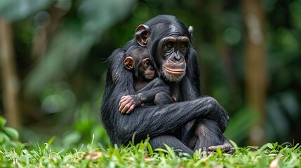 A chimpanzee mother holds her infant close in the lush green jungle