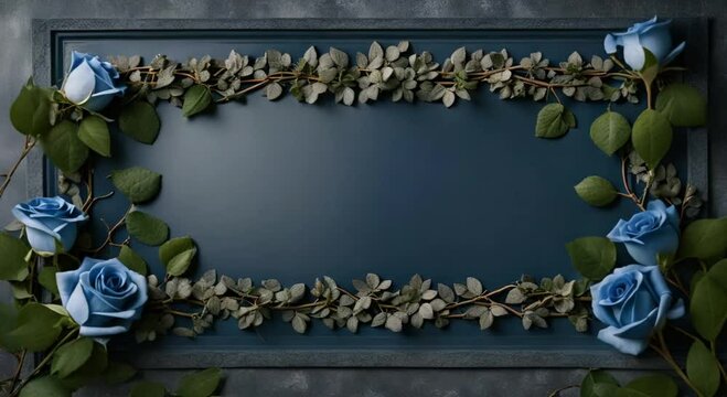 blue roses frame on a grey background