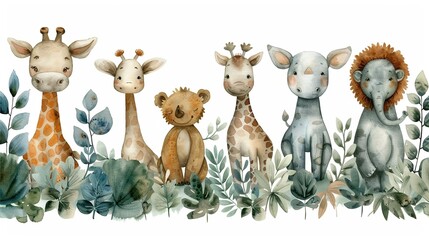 Fototapeta premium Watercolor cute baby animals and plants seamless border. Hand drawn illustration with giraffe, elephant, lion, rhino and leaves. For fabric, wallpaper, nursery decor.