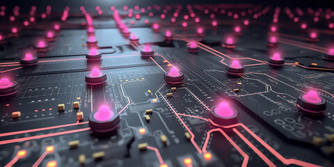 Futuristic Digital Circuit with Glowing Pink Nodes, Futuristic Digital Network with Glowing Pink Nodes and Circuit Patterns Representing Advanced Communication Technology,