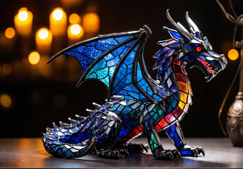 Stained glass dragon lamp illuminated in a window