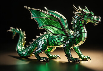 Obraz premium Green dragon figurine on wooden surface