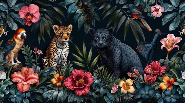 vibrant tropical seamless pattern with leopards, parrots, and exotic flowers on a dark background