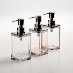 Three transparent square bottles with metal nozzles on a white background
