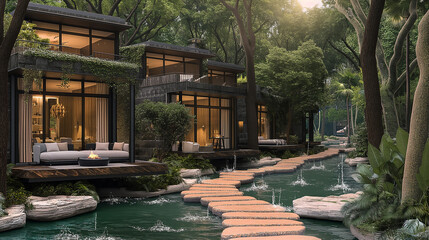 Modern Style Forest Resort with Stream and Stone Walkway