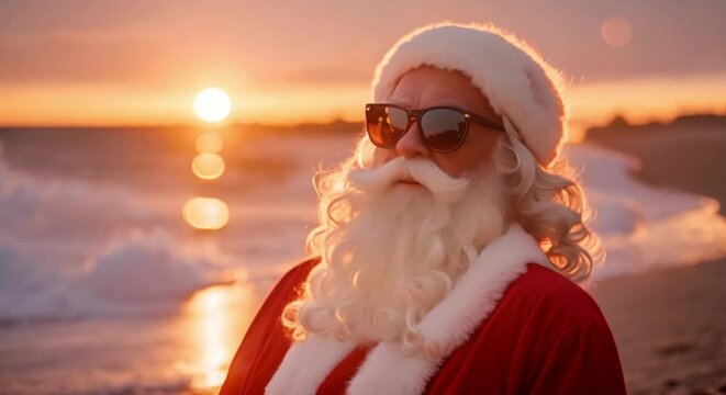 santa claus wearing sunglasses on the beach at sunset
