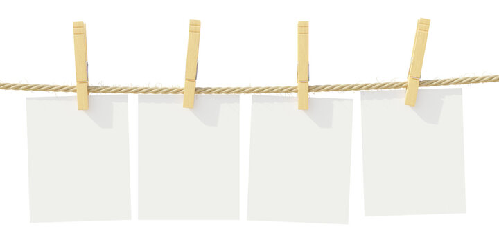 Empty note papers on clothesline isolated on white, transparent, 3d render