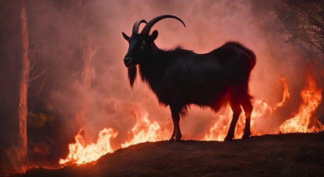 black big horned goat with flames background