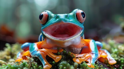 A red-eyed tree frog with vibrant blue and orange coloration is perched on a bed of moss, displaying its sticky orange feet and large, webbed toes.