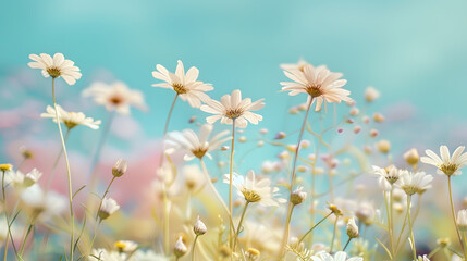 A beautiful spring flower field summer meadow Natural colorful landscape with many wild flowers of daisies against blue sky A frame with soft selective focus Magical nature background  : Generative AI