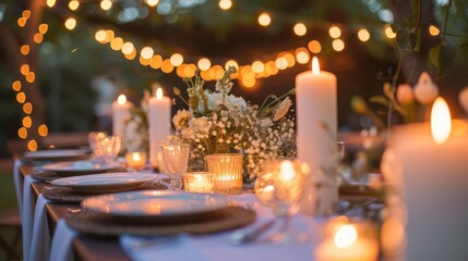 romantic wedding reception table setting with string lights and candles festive outdoor decor