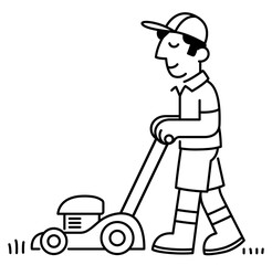 Cartoon man mowing lawn drawing