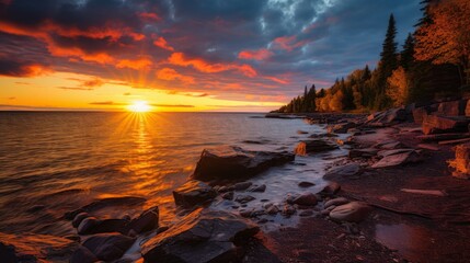 Sunset over a rocky coastline, with golden hues reflecting off calm waters and trees in the background, capturing nature's serene beauty and tranquility.