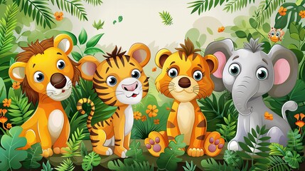 Fototapeta premium Cute cartoon animals in the jungle. Lion, tiger, elephant and monkey. Vector illustration.