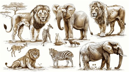 Naklejka premium Set of hand drawn vintage illustrations of african animals. Vector sketch collection.