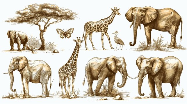 Set of hand drawn african animals. Vector illustration of safari wildlife