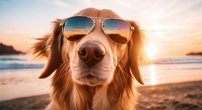 golden retriever dog wearing sunglasses on the beach at sunset