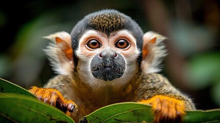 Obraz premium A curious squirrel monkey peers out from behind a leafy branch in the rainforest