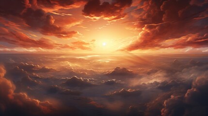 Fototapeta premium A heavenly view capturing the golden hues of sunset above the clouds with dramatic skies and shafts of light piercing through, evoking a sense of awe and wonder at nature's beauty.