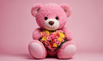 Pink teddy bear holding roses on pink background