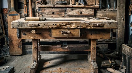 rustic carpenters workbench with aged oak wood texture abstract background