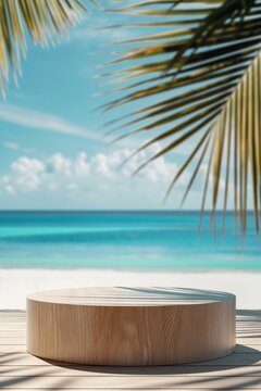 Summer Product Showcase on Wooden Podium at Tropical Beach with Sea View