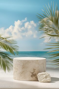 Tropical Beauty Product Presentation Stand with Palm Tree Background | Empty Stone Pedestal Mockup for Cosmetic Advertisement on Beach