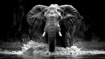 The elephant charges through the water, its powerful muscles rippling beneath its glistening skin.
