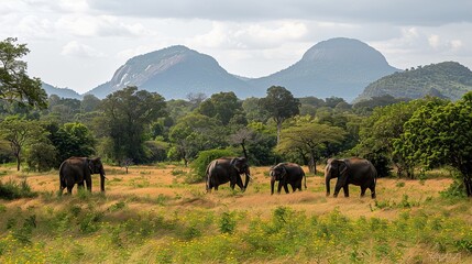 Obraz premium Four wild elephants roam the grassy plains with a stunning mountain backdrop