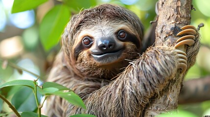 Naklejka premium A cute sloth is smiling at the camera while hanging from a tree branch in the jungle.
