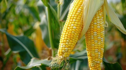 Ripe yellow corn cobs are growing in a field ready to be harvested