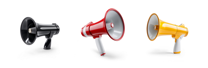 set of megaphones loud speakers in red blue and black and yellow for announcements and communication sale and promotion or protesting activist concepts, isolated transparent png background