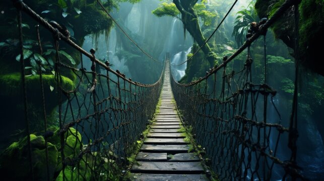 Fototapeta An enchanting view of a rope bridge extending into the lush, green jungle, filled with dense plant life and a sense of mystical exploration and adventure ahead.