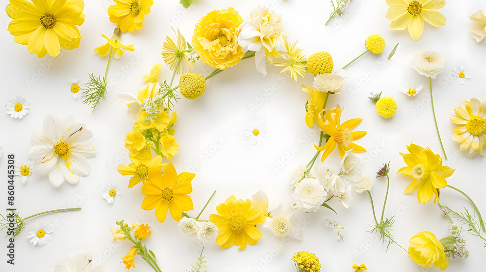 Poster flowers composition wreath made of various yellow flowers on white background easter spring summer c