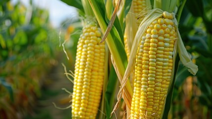 Ripe yellow corn cobs are growing in a field ready to be harvested