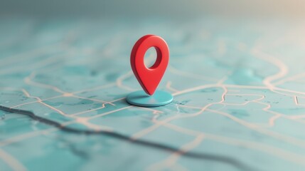 A minimalist image featuring a red location pin on a clean blue map background. The image is perfect for navigation apps, travel services, and digital maps. Generative AI