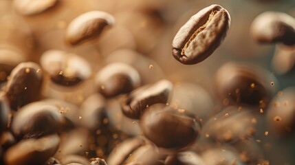 Obraz premium World Coffee Day. Coffee beans flying in the air. Close-up.