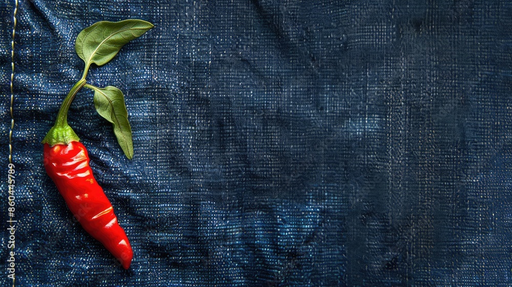 Wall mural Chili pepper on denim backdrop in Instagram style photo