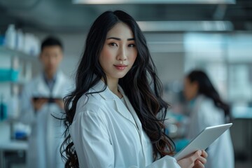 A confident female scientist stands in a laboratory, surrounded by colleagues working on various research projects, showcasing a collaborative and innovative environment.