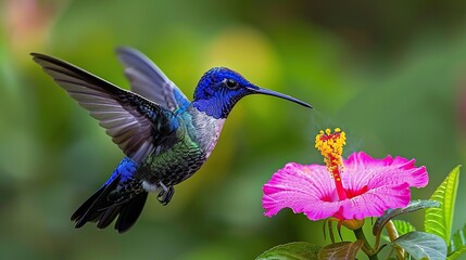 Obraz premium A tiny, jewel-like hummingbird hovers near a vibrant hibiscus flower, its long, thin beak probing the blossom for nectar.