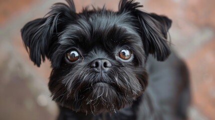 A cute black dog with large, curious eyes and a slightly tilted head, staring directly at the camera. The blurred grey background contrasts with the dog's shiny fur, highlighting its inquisitive natu