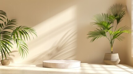 Fototapeta premium A white pedestal with a plant in a pot sits in front of a wall