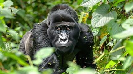 Obraz premium A large male gorilla peers through the foliage of the jungle in search of food