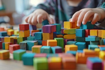 Fototapeta premium Child Building with Colorful Wooden Blocks