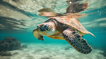 Fototapeta premium A serene underwater scene showcasing a sea turtle gliding effortlessly through clear blue waters, amidst sand and coral, embodying nature's beauty and tranquility.