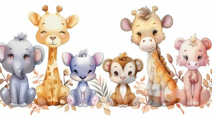Watercolor illustration of cute baby animals including an elephant, giraffe, monkey, and lion.