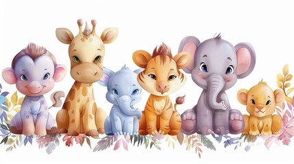 Obraz premium Cute baby animals including a monkey, giraffe, tiger, elephant, and lion sitting on a floral background.