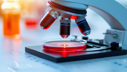 A microscope is focused on a red substance in a petri dish