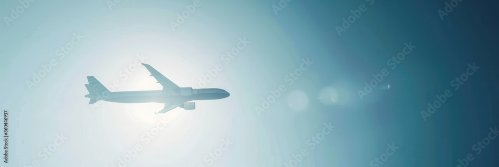 Poster a minimalistic silhouette of an airplane flying through a bright blue sky. the airplane is positione