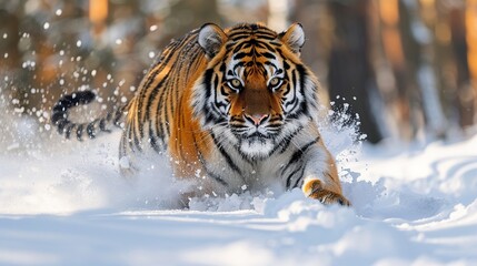 Obraz premium A powerful Siberian tiger charges through the snow in pursuit of its prey.